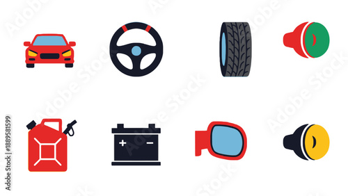 A collection of colorful car parts and accessories on a white background