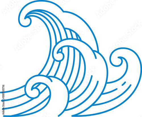 Asian sea, Chinese blue curly wave icon or sign. Japanese ocean wind blown water peak line icon, Asian sea tide curly tsunami graphic vector tattoo. Chinese aquatic frothy wave blue element or symbol