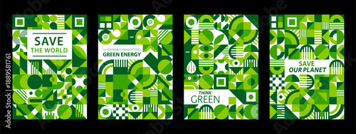 Ecology environment posters with geometric Bauhaus pattern. Nature environment protection vector flyer retro with Bauhaus shapes. Save planet ecology, green energy posters with geometric patterns