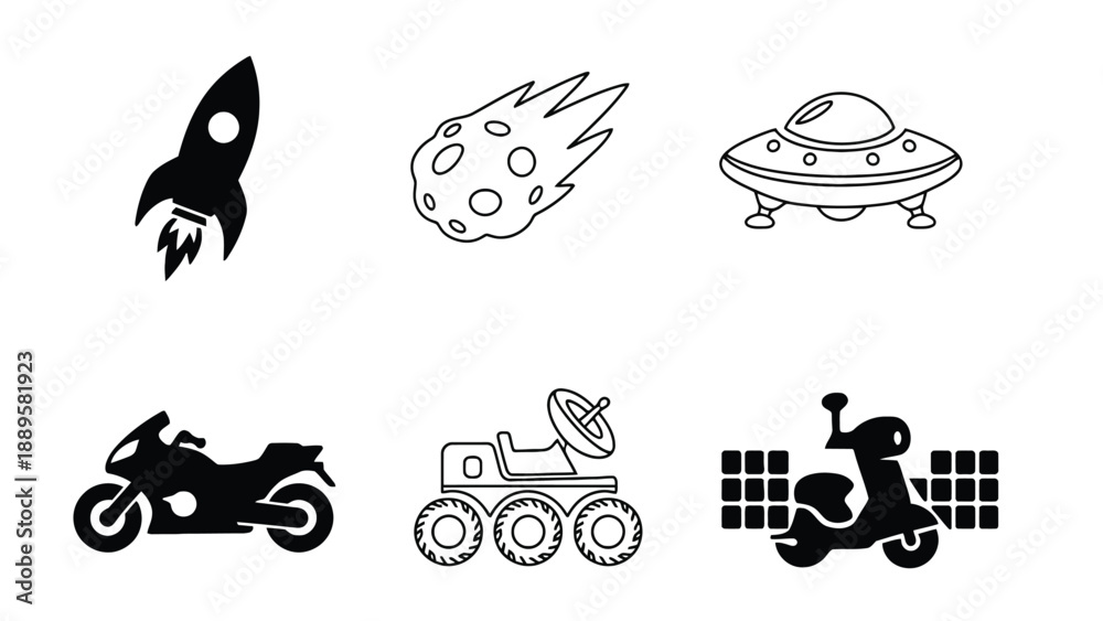 Fototapeta premium A collection of black and white icons featuring space and vehicle designs