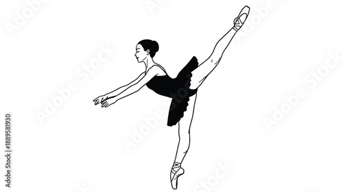 Professional female ballet dancer in a black tutu performing a classic arabesque for performing arts academy branding and creative theater business resources.