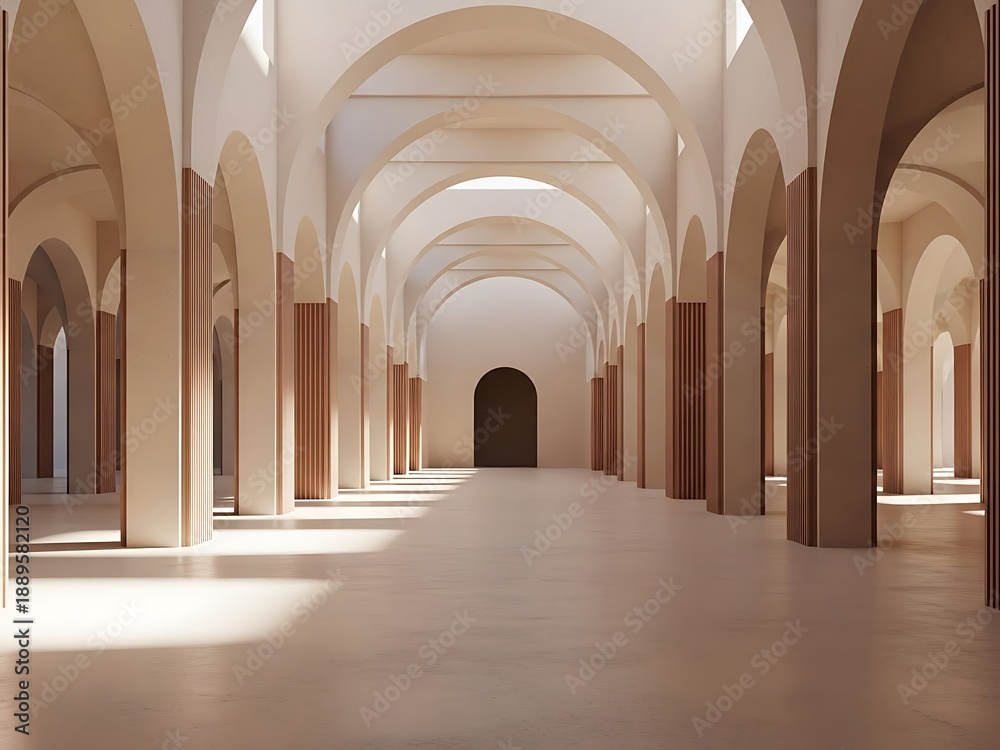 Obraz premium Arched Corridor with Shadow Play, Beige Tones and Clean Aesthetics