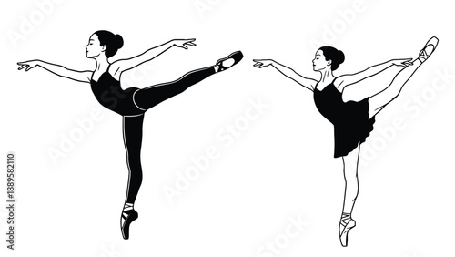 Set of professional ballet dancer silhouettes performing synchronized arabesque moves for modern theater choreography and creative entertainment industry branding.