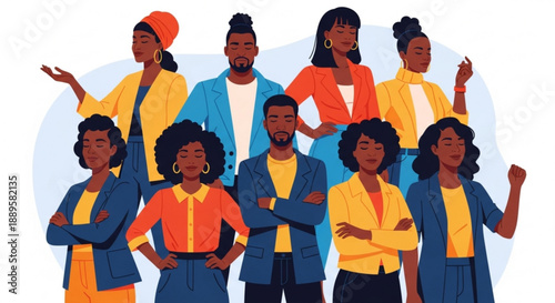 Diverse group of people standing together, showcasing unity and solidarity in a vibrant illustration from a front viewpoint.