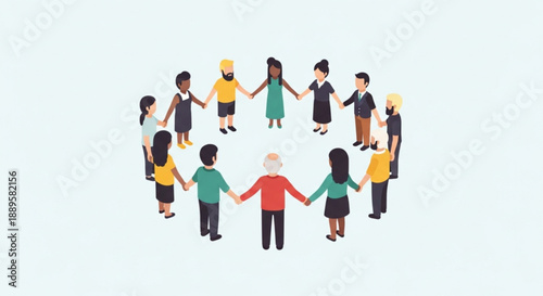 Diverse group of people standing together in a circle holding hands viewed from above in a flat illustration style