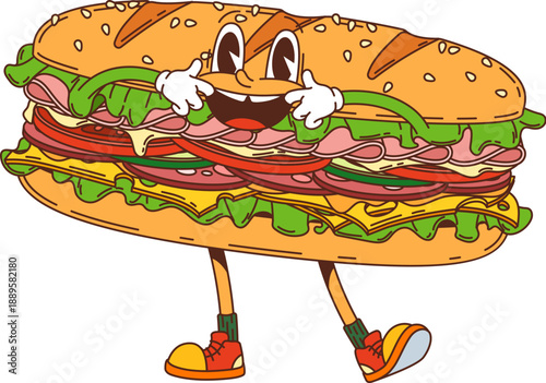 Cartoon groovy hippie sandwich funny character with freaky funky face, vector fast food. Groovy panini sandwich with silly face and stretching smile on mouth with fingers for cartoon character