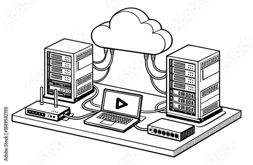 Isometric line art cloud computing set featuring server racks, a laptop, a router, and a switch connected to a cloud symbol for data transfer and digital infrastructure