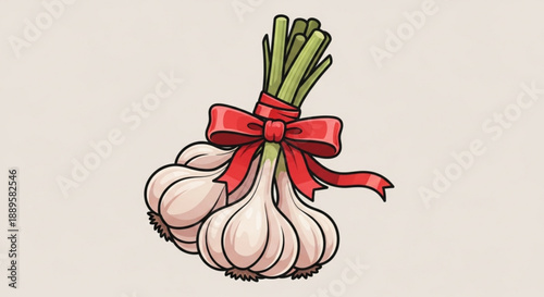 Bunch of fresh white garlic bulbs tied with a red ribbon on green stems isolated on beige background for cooking and recipe concepts