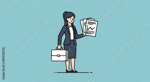 Businesswoman holding briefcase and documents with graph professional attire confident stance light blue background corporate illustration