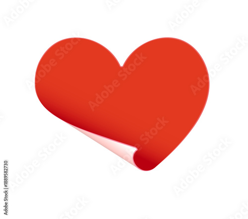 Valentine day celebration paper heart realistic sticker. Love holiday adhesive label, romance heart shape decorative 3d vector card. Romantic day stationery memo note or sticker with folded corner