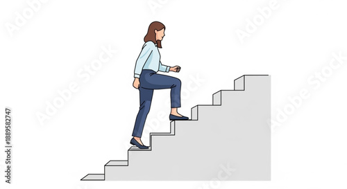 Woman climbing stairs simple vector illustration of progress and determination minimalist style with clean lines and flat colors