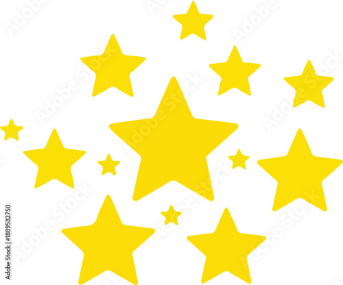 Cluster of yellow fivepointed stars of various sizes on a white background