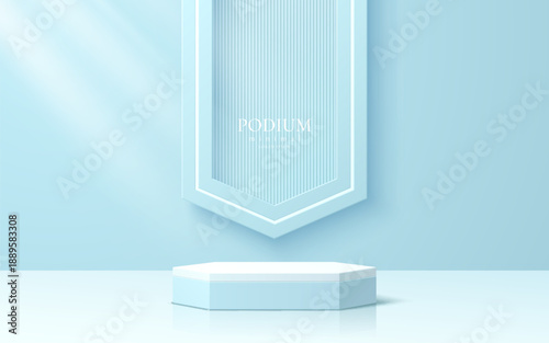 Cosmetic product light blue podium stand background vector mockup. 3d display platform, pedestal or stage with minimal geometry shape base. Empty pastel blue cosmetic product display platform
