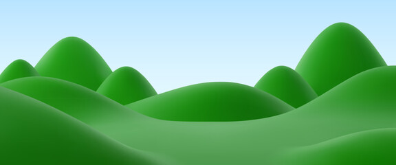 Fototapete Grün 3d green grass lawn meadow and hills landscape with layered ground and rolling grass terrain under light blue sky. Outdoor vector nature background, countryside scenery with natural land and horizon  © Buch&Bee