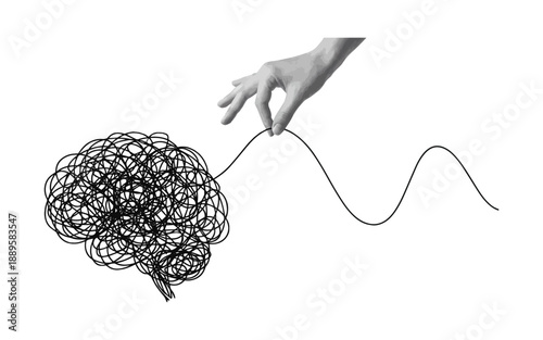 Hand untangling complex black wire mess symbolizing problem solving