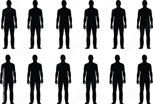 Male human silhouette set, standing people collection, black body shapes, anonymous men figures, isolated on white background, vector style