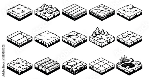 Hand drawn line art isometric terrain tiles set featuring various natural and man-made ground types for game design and map creation