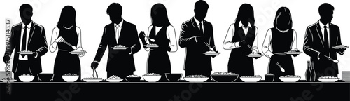 Business people dining together, formal buffet event, corporate teamwork celebration, elegant catering service, professional silhouettes, social gathering concept, monochrome vector illustration