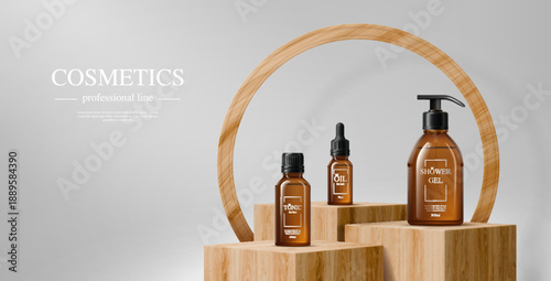 3d wooden podium stage with three skincare cosmetic amber glass bottles displayed on wooden stand blocks. Shower gel pump bottle, tonic and a dropper oil cosmetics product realistic vector mockup