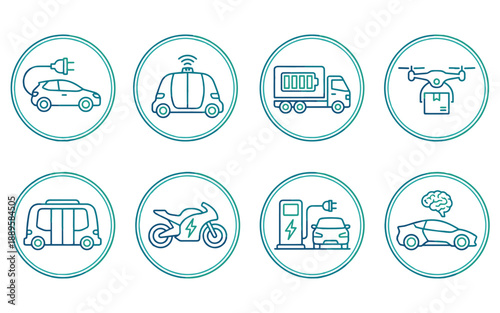 Modern electric and autonomous vehicle icons for sustainable transportation