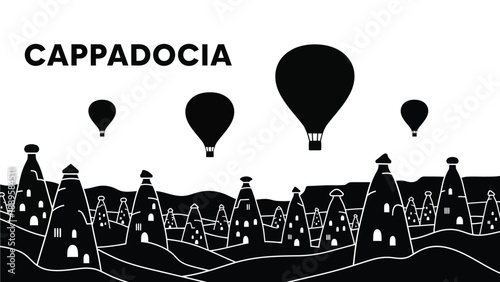 A black and white illustration of hot air balloons over Cappadocia