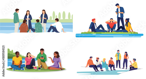 Friends relaxing outdoors by water, casual gathering