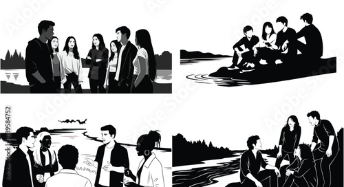 Group of friends talking outdoors by a lake