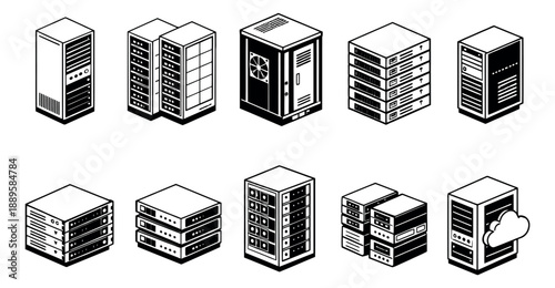 Isometric line art server icons set featuring various data center equipment for IT infrastructure and cloud computing concepts