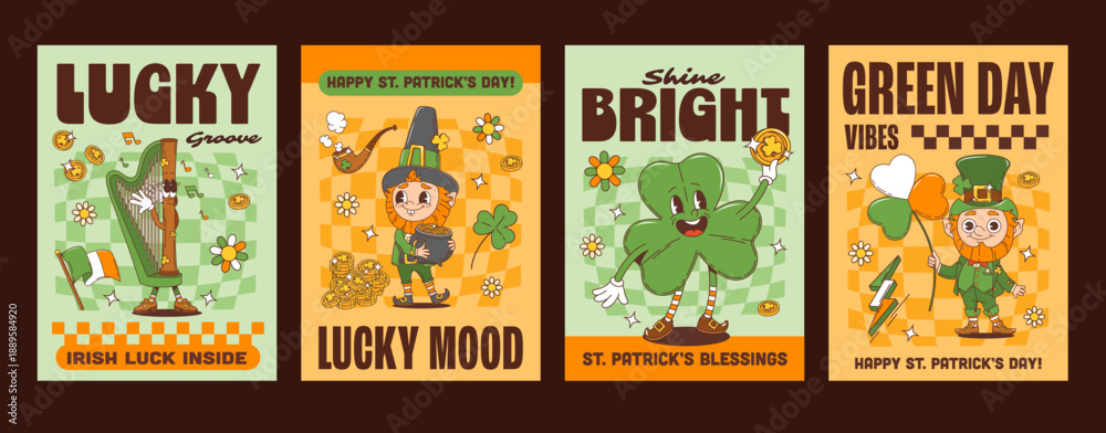 Fototapeta premium Saint Patrick's day groovy hippie characters posters. Retro vector posters in green and orange tones, with harp mascot, leprechaun with pot of gold, clover leaf with coin, and leprechaun with shamrock