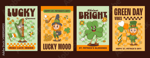 Saint Patrick's day groovy hippie characters posters. Retro vector posters in green and orange tones, with harp mascot, leprechaun with pot of gold, clover leaf with coin, and leprechaun with shamrock
