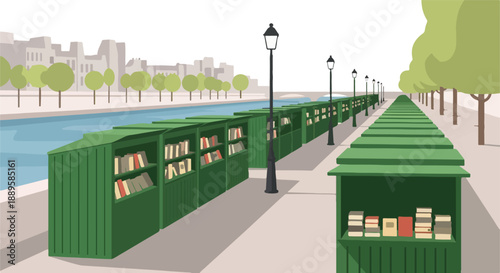Green book stalls line an urban canal in this market illustration, offering diverse literature and cultural discoveries for readers and literary enthusiasts