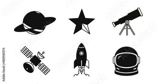 Astronomy icons set planets stars telescope satellite rocket astronaut helmet