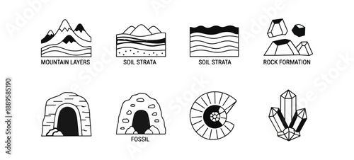 Black and white icons of mountains caves and natural elements