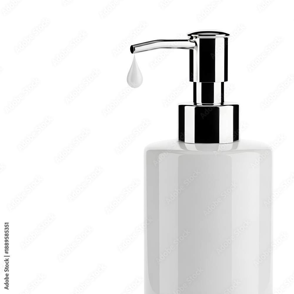 Obraz premium Transparent soap dispenser with silver pump and a single drop isolated on transparent background