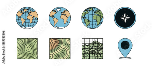 Graphic set of globe earth map symbols and contour lines
