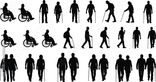 Senior people silhouettes collection, elderly walking with cane, wheelchair users, disability awareness, daily life activities, black isolated figures, design set