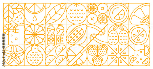 Citrus fruits geometric pattern with minimalist vector shapes. Vector retro design features abstract lemon, lime, bottle with juice, glass with straw, tea cup, leaf and orange slices with knife