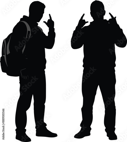 Urban male silhouettes, street style men posing, backpack youth gesture, fashion attitude concept, modern lifestyle, black isolated figures, design, people