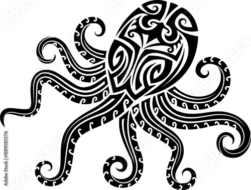 Maori octopus animal tribe graphic tattoo or print. New Zealand ethnic black print, Maori tribal abstract symbol. Samoan warrior folk tattoo