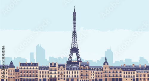 Parisian Skyline with the Eiffel Tower and Historic Buildings in a Flat Design Style