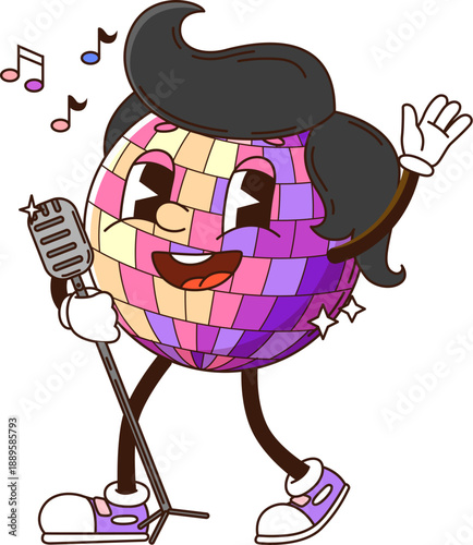 Disco ball groovy funky hippie character with funny face, cartoon vector comic personage. Groovy disco ball with 70s or 80s haircut, dancing and singing song notes with microphone in good vibes