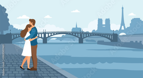 Romantic couple embracing by the Seine river with Eiffel Tower and Notre Dame Cathedral in the background, Paris, France, illustration