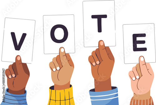 Diverse hands holding cards that spell VOTE on white background