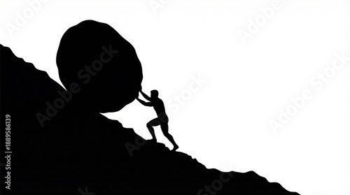 Powerful Black Silhouette of Man Pushing Large Round Boulder up a Hill on White Background - Hard Work and Struggle Concept