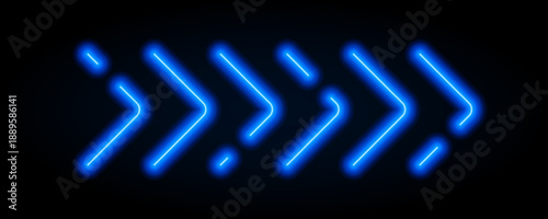 Bright blue neon arrow element. Glowing led direction sign. Shine tube lamps in arrowhead shape. Luminous fluorescent pointer effect for banner, poster, logo. Vector neon led light illustration