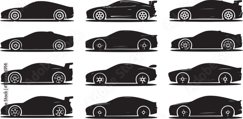 Twelve black-and-white sports car side profiles in grid
