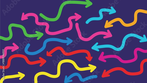A vibrant illustration of colorful arrows pointing in different directions on a dark blue background