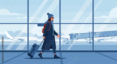 Modern flat vector illustration of a stylish woman walking inside an airport terminal while pulling a wheeled suitcase.