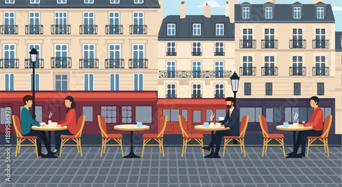 Vector illustration of a charming European street scene with bustling outdoor cafes. People enjoy coffee and conversations at tables amidst classic city architecture