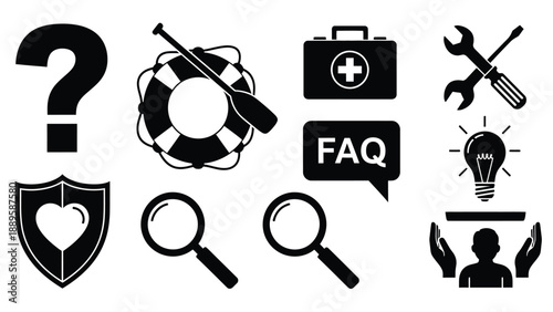 A collection of black and white icons for frequently asked questions and support